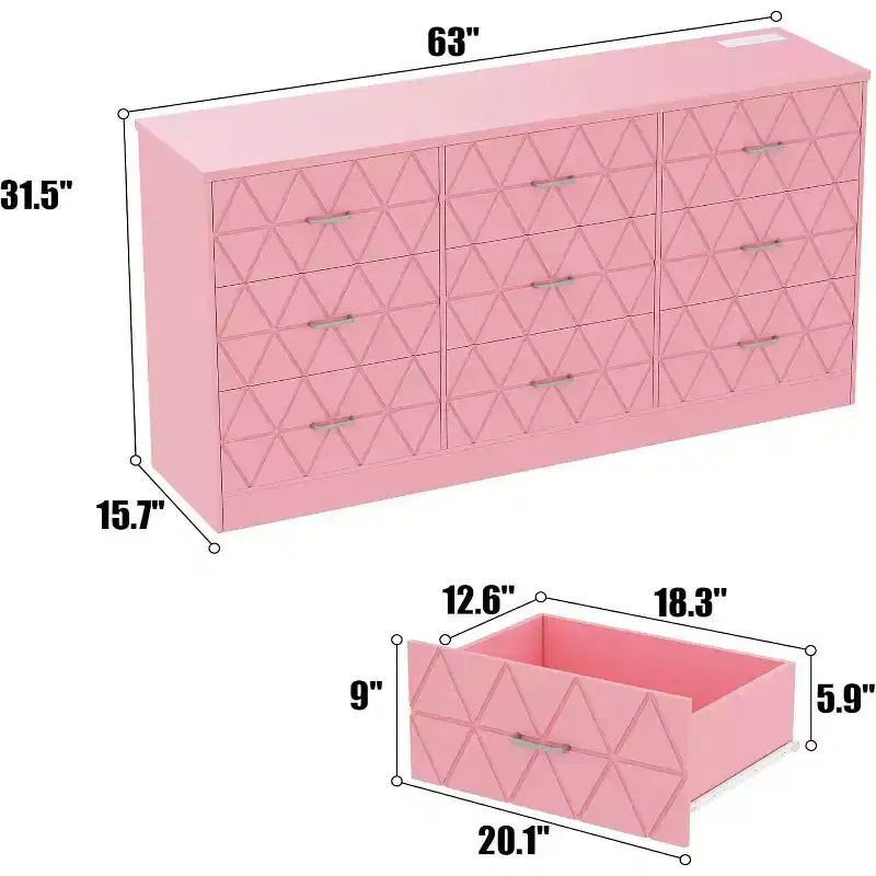 9 Drawer Dresser, 63 Pink Dresser with Power Outlet & USB Ports, Modern Storage Chest for Bedroom, Living Room, Hallway