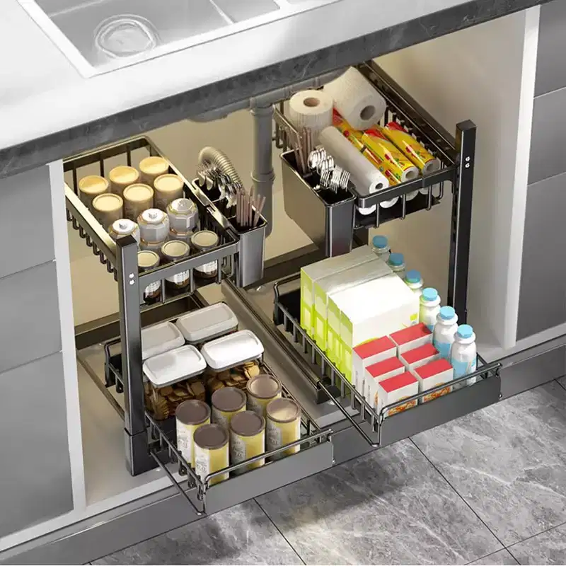 Under Sink Organizer with Pull Out Drawers, 2-Tier L-Shaped Adjustable Kitchen Cabinet Storage, Metal Shelf for Bathroom