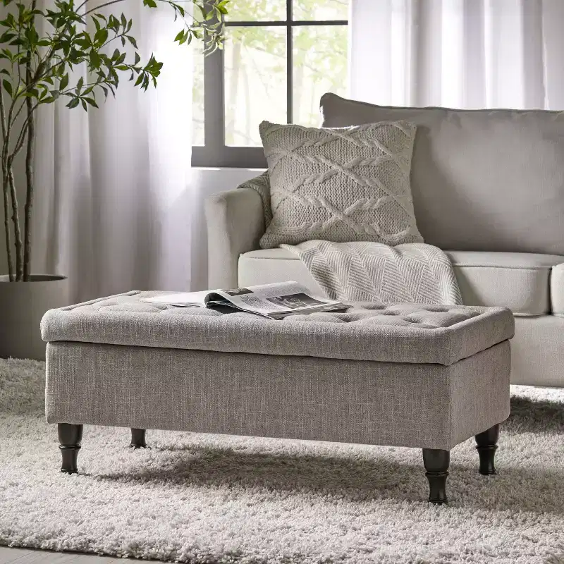 Storage Ottoman Bench with Tufted Button Upholstery, Multifunctional Footrest Stool with Spindle Wood Legs for Bedroom and Couch