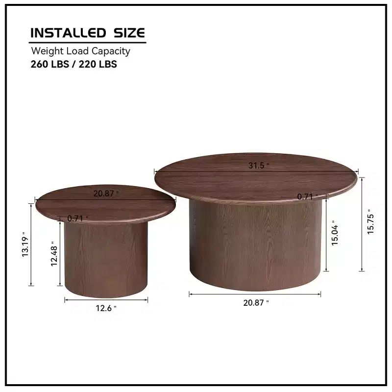 Coffee Table Set of 2, MDF Round Coffee Table for Living Room, Apartment, Leisure Area Walnut