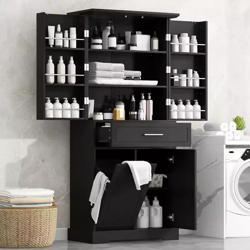 Tall Bathroom Storage Cabinet with Tilt-Out Laundry Hamper and Adjustable Shelf