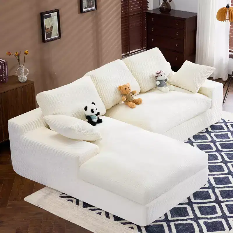 White Corduroy Comfy Sofa w/ 5 Cushions  Cozy Living Room Essential