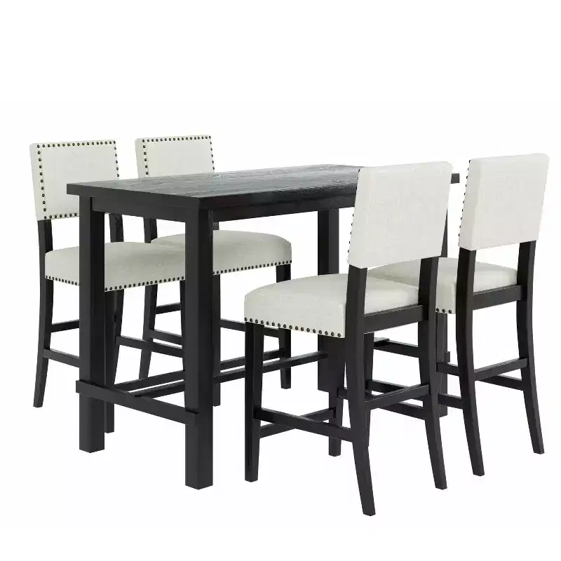 5-Piece Counter Height Dining Table Set Dining Set with Classic Dining Table and 4 Cushioned Dining Chairs, Natural Wood Wash/Espresso-ModernLuxe