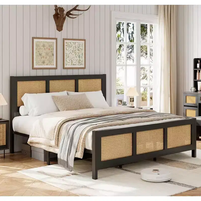 Rattan Bed Frame with Headboard & Footboard, Noise-Free Metal Platform, No Box Spring Needed, Easy Assembly