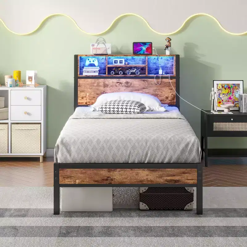 Twin Size Bed Frame with Storage Headboard, Charging Station & RGB LED Lights, Heavy Duty, No Box Spring Needed