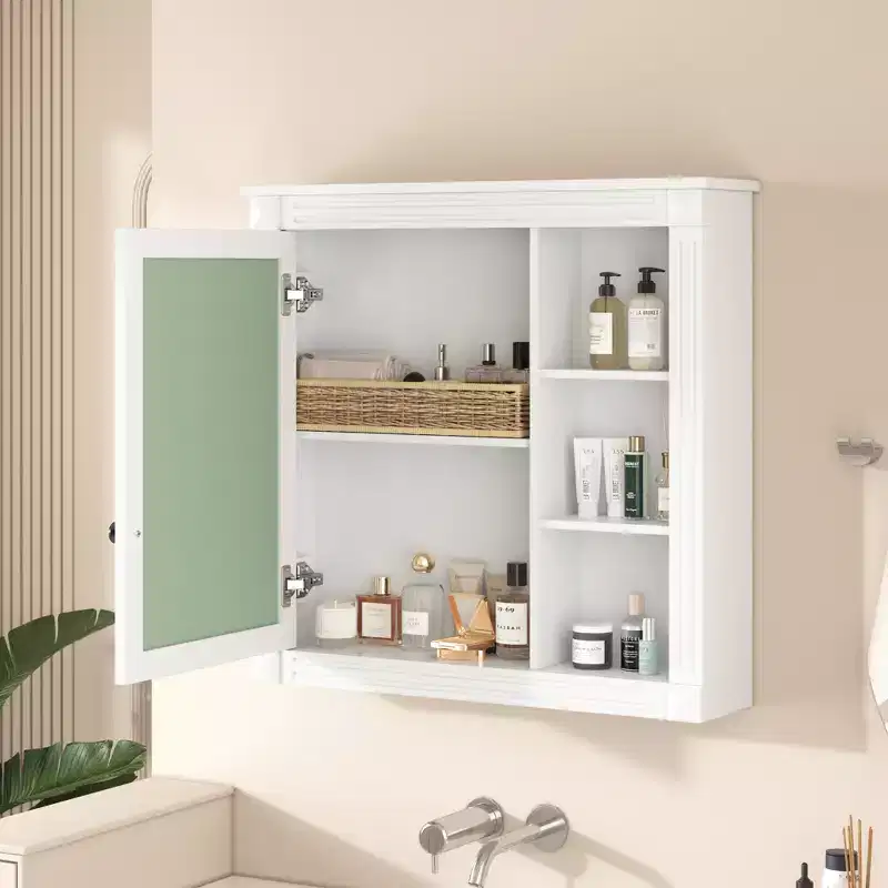 FAMYYT 30 in. W x 28 in. H Rectangular Surface Mount Medicine Cabinet with Mirror, Soft Closing Hinges, Open Storage