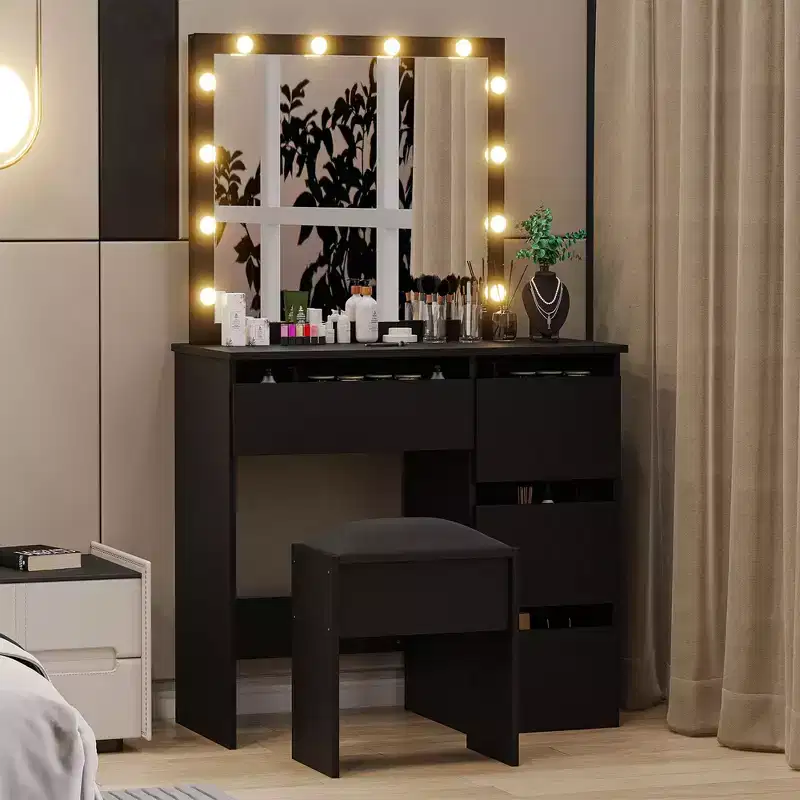 Vanity Bench with Soft Padded Cushion, Makeup Stool, Sturdy Seat for Bedroom and Dressing Room, Black