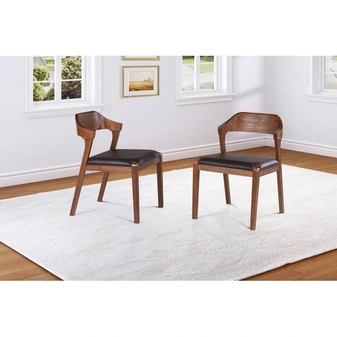 Mid-Century Dining Side Chair, Rubberwood, Faux Leather Padded Seat, Chestnut Wire-Brush Finish