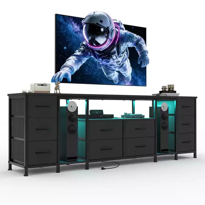 10 Drawer Dresser, TV Stand with Fabric Drawers and Power Outlets for 75 70 65 Inch TV, TV Console Table, Entertainment Center with Storage Shelves