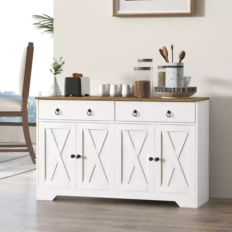 Okak Farmhouse Sideboard Cabinet, Buffet Cabinet with 4 Doors and 2 Drawers, Storage Cabinet for Living Room, Dining Room, Kitchen, White