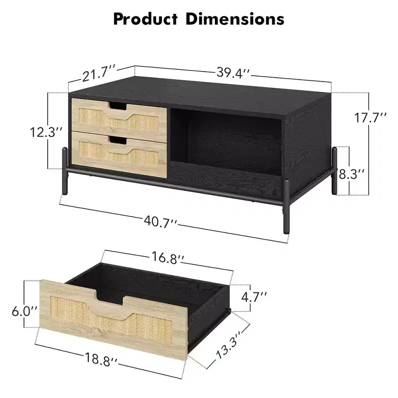 WhizMax Rattan Coffee Table with LED Lights, Mid Century Modern Coffee Table with 4 Drawers and Open Storage Shelf, Wooden Living Room Coffee Table