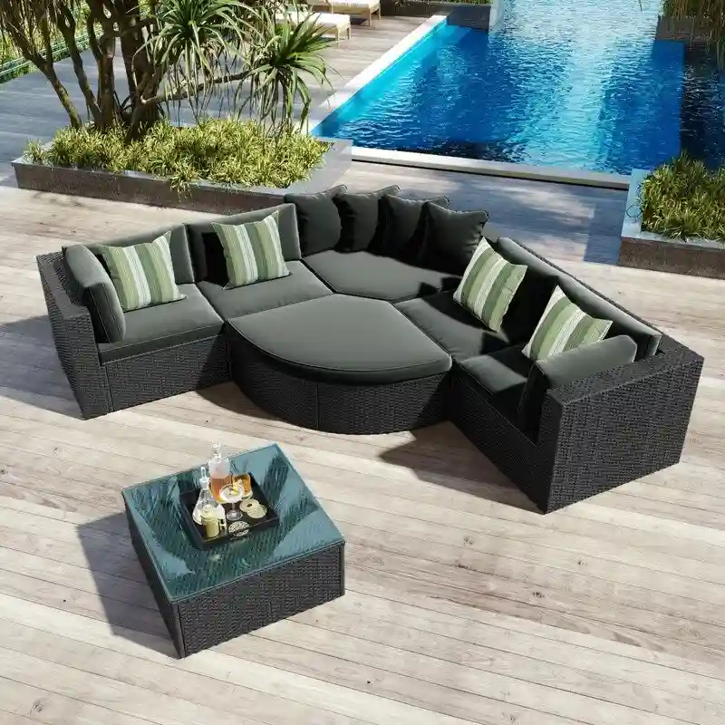 7-piece Outdoor Wicker Conversation Sofa Set With Striped Green Pillows