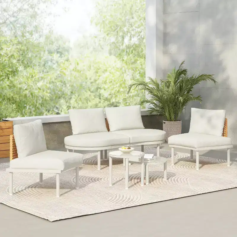 Whisen 6-Piece Half Moon Patio Sofa Set with 2 Coffee Tables and 4 Pillows, PE Rattan Sectional