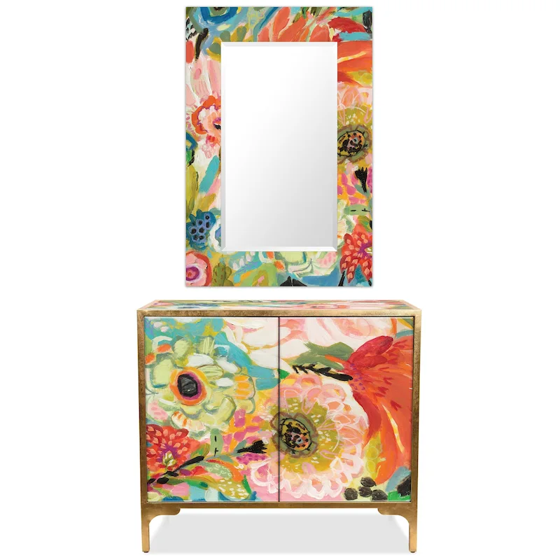 Secret Garden Floral Reverse Printed Beveled Art Glass Cabinet Console Table and Mirror Set
