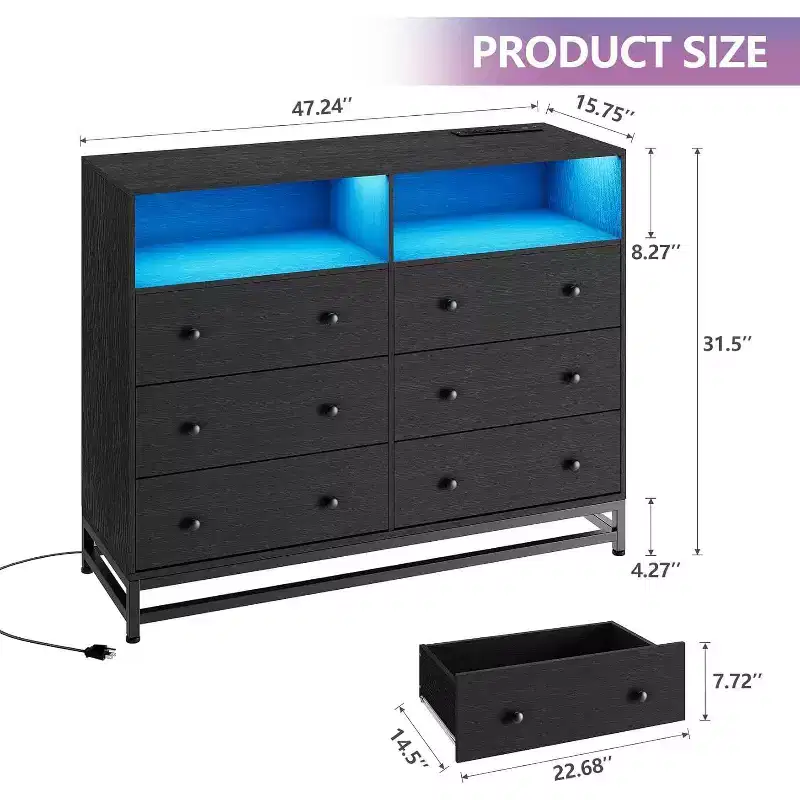 Acekool 6 Drawer Dresser with Power Outlets, Modern Chest Organizer with Storage Fence and Metal Legs, TV Stand for Bedroom, Living Room, Entryway