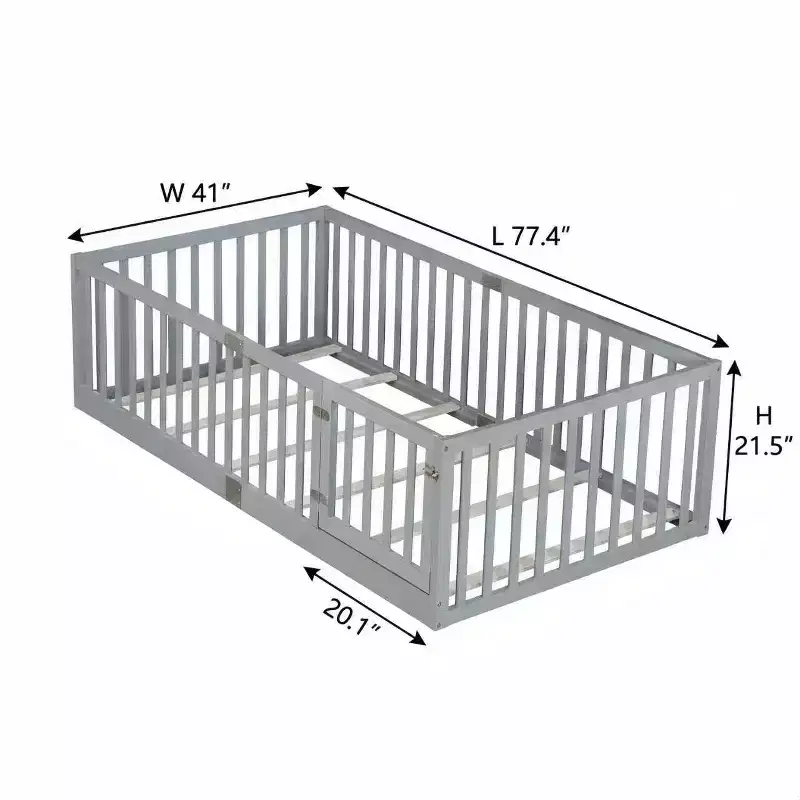 Sailvan Twin Floor Bed with High Fence Railings and Door,Solid Rubber Wood Kids Platform Bed Frame