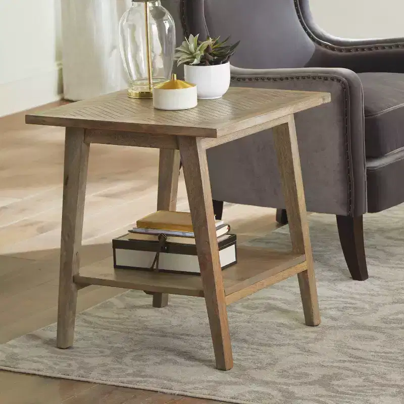Square End Table, Natural Mango Wood, Mid-Century Modern, Storage Shelf
