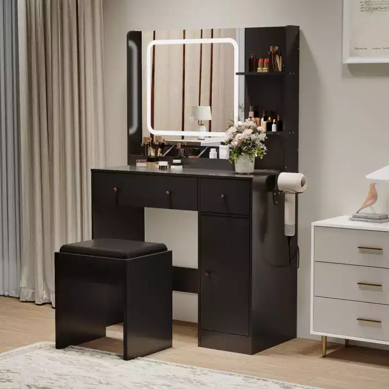 Modern Makeup Vanity with Lights and Mirror Vanity Table with Hair Dryer Holder, Storage Drawers and Shelves with Stool, Black