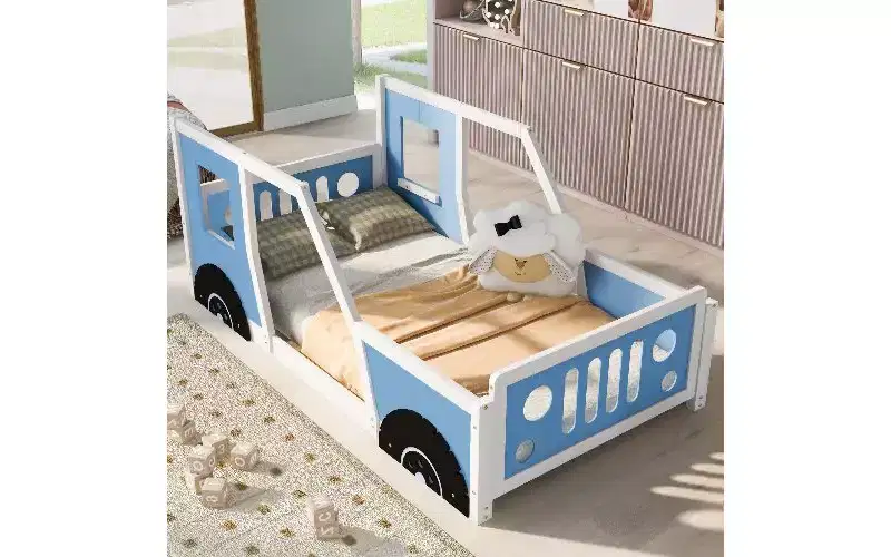 Twin Size Floor Bed Frame, Classic Car-Shaped Platform Bed Frame with Decorative Wheels & Side Doors, Sturdy Pine Wood Kids Bed Toddler Bed