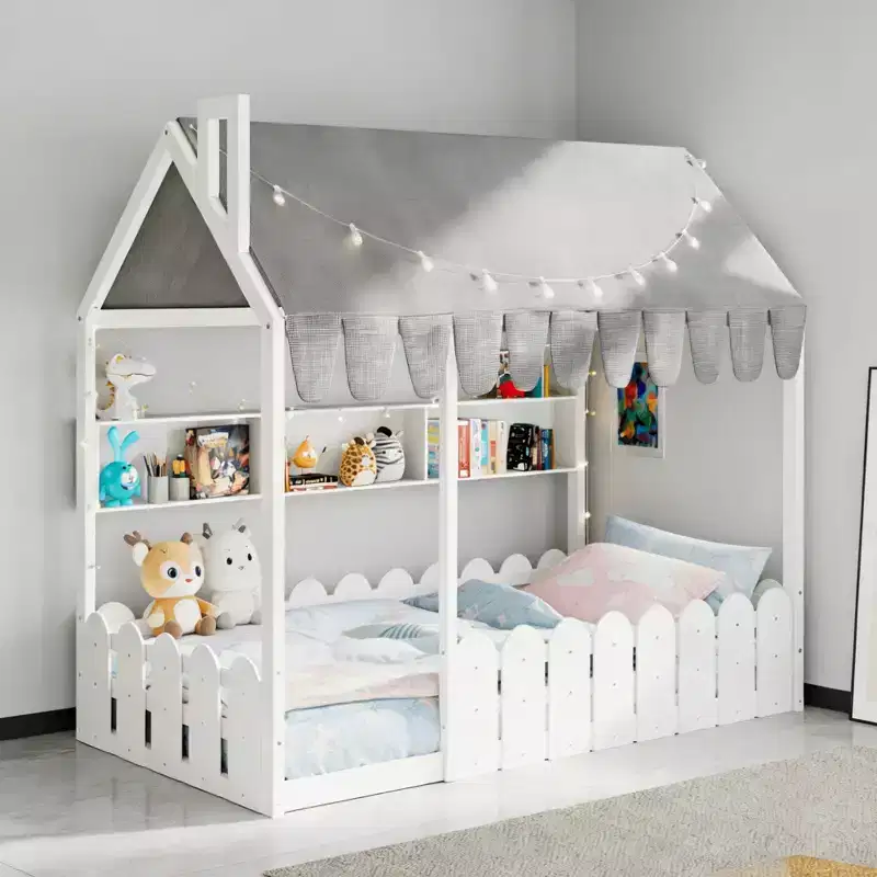 Luxystar Twin Size House Shape Floor Bed With Lighted Canopy, Storage Shelves and Fence