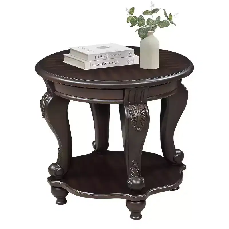 Hostack 22'' Two Tone Round End Table, Solid Wood Sofa Side Table with Shelf for Living Room, Espresso