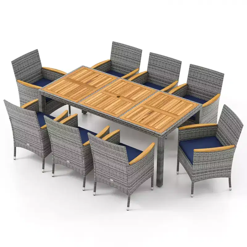 Gymax 9PC Outdoor Patio Dining Set for 8 w/ PE Rattan Chairs & Table Featuring 2 Umbrella Hole for Garden Deck Patio