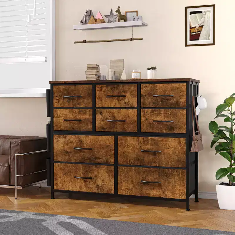 10-Drawer Fabric Dresser & Media Console - Storage Tower with Steel Frame, Wood Top for Bedroom, Living Room, Entryway