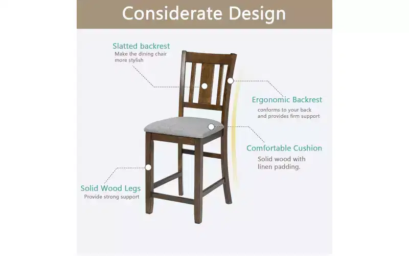 Dining Chairs Set of 4, Wooden Kitchen Dining Chair with Padded Seat and Slatted Backrest, 4 Piece Farmhouse Upholstered Barstool