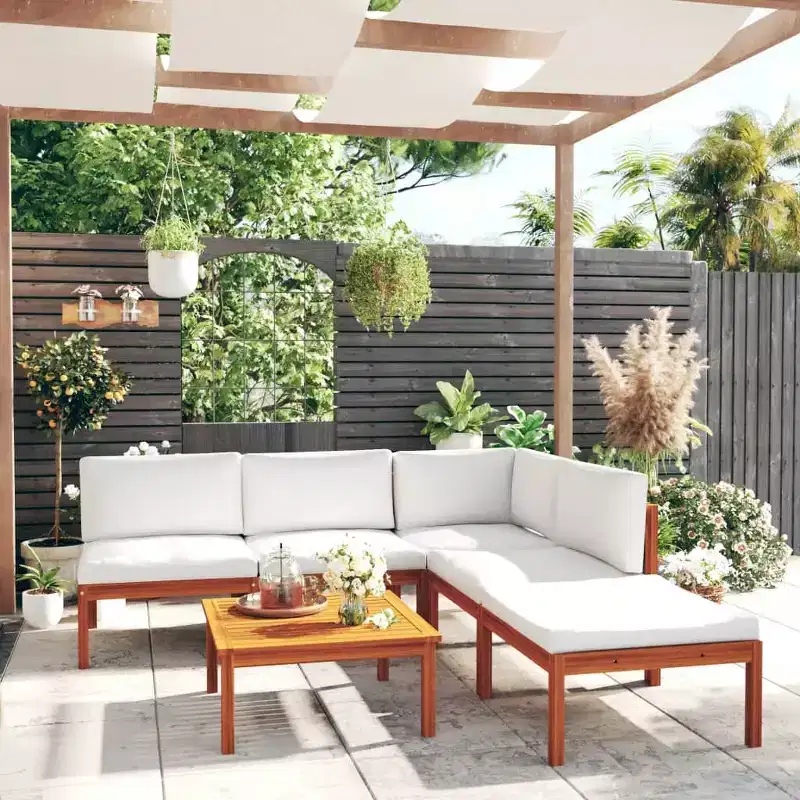 vidaXL Solid Acacia Wood Patio Lounge Set - 6 Pieces Cream Cushions, Rustic Design Weather-Resistant Outdoor Furniture for Garden, Patio, Living Room