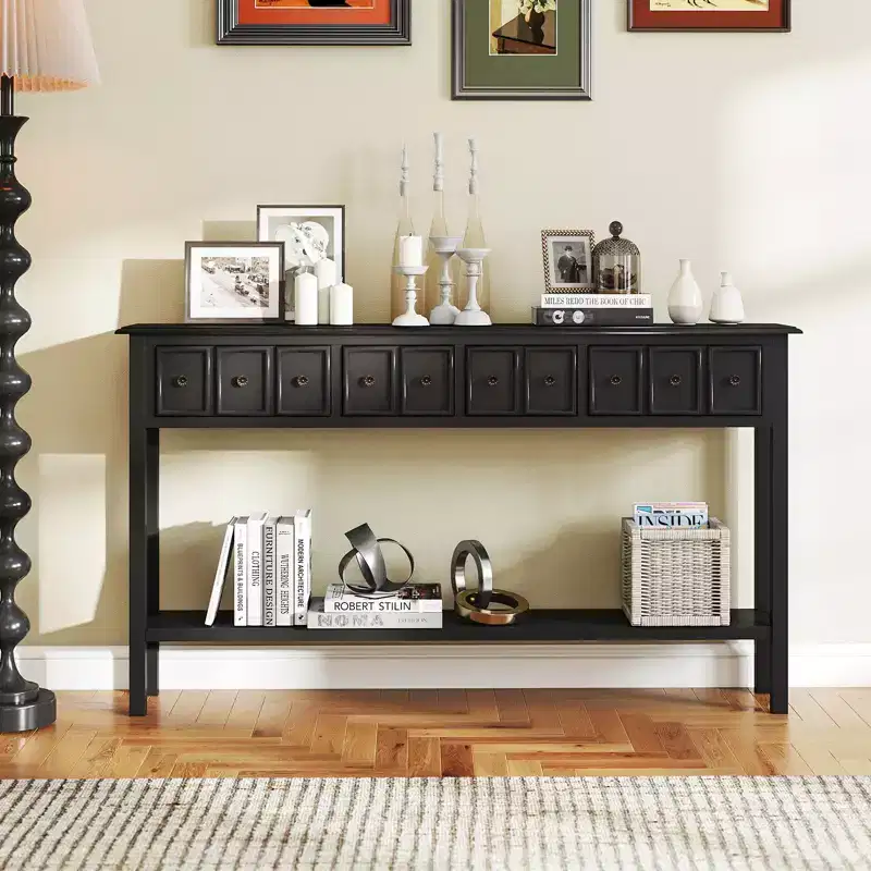 Costway 60 Long Narrow Console Table w/4 Drawers & Open Storage Shelf Anti-Tip Kit