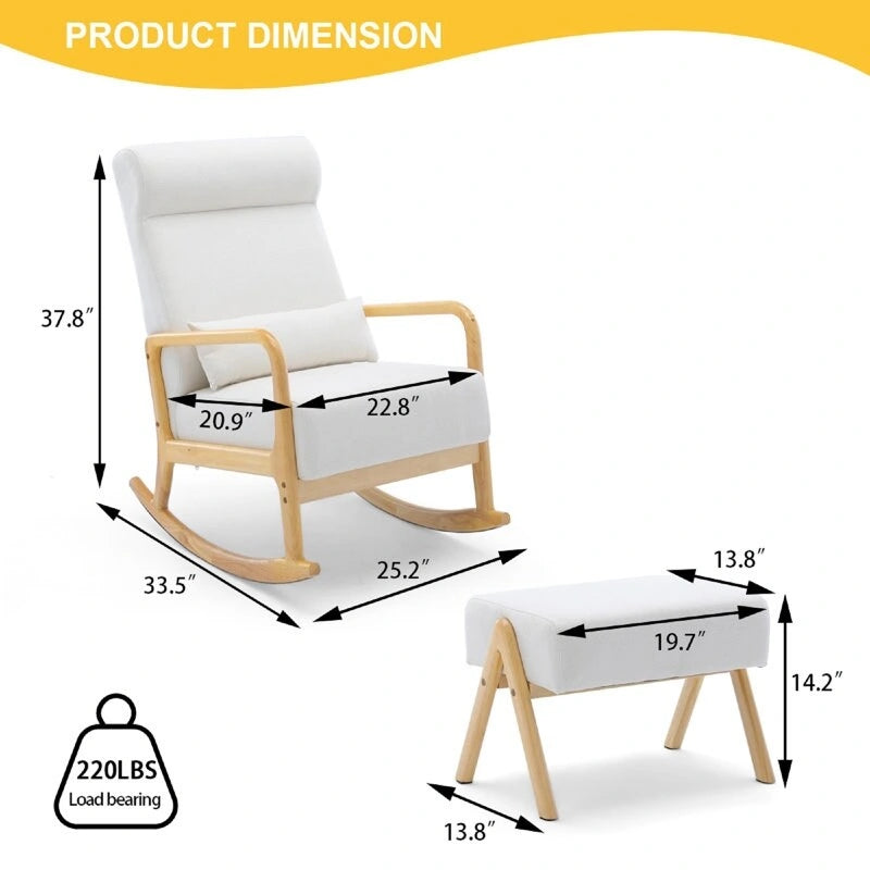 25.2 Wide Reclining Rocker Chair with Ottoman - High Back Rocking Chair, Soft Linen Fabric, Ergonomic Design