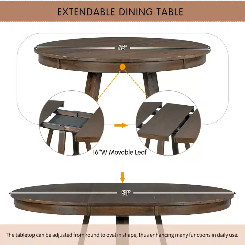 Whisen Retro Style 5-Piece Extendable Dining Set with 4-Botton Tufted Upholstered Chairs