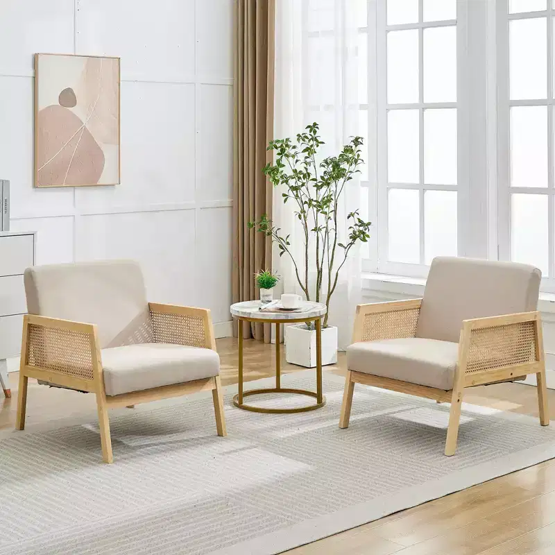GustoWave 2PC Wood Rattan Accent Chair with Linen Fabric Upholstered, Lounge Arm Chair with Soft Cushion for Living Room, Beige