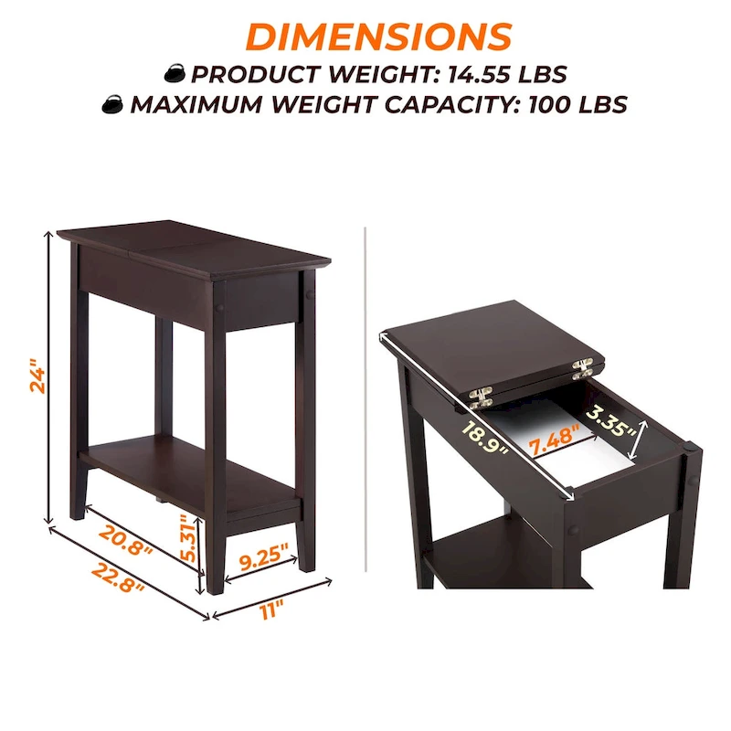 Stylish Slim End Table, Narrow Nightstand, and Skinny Bedside Table