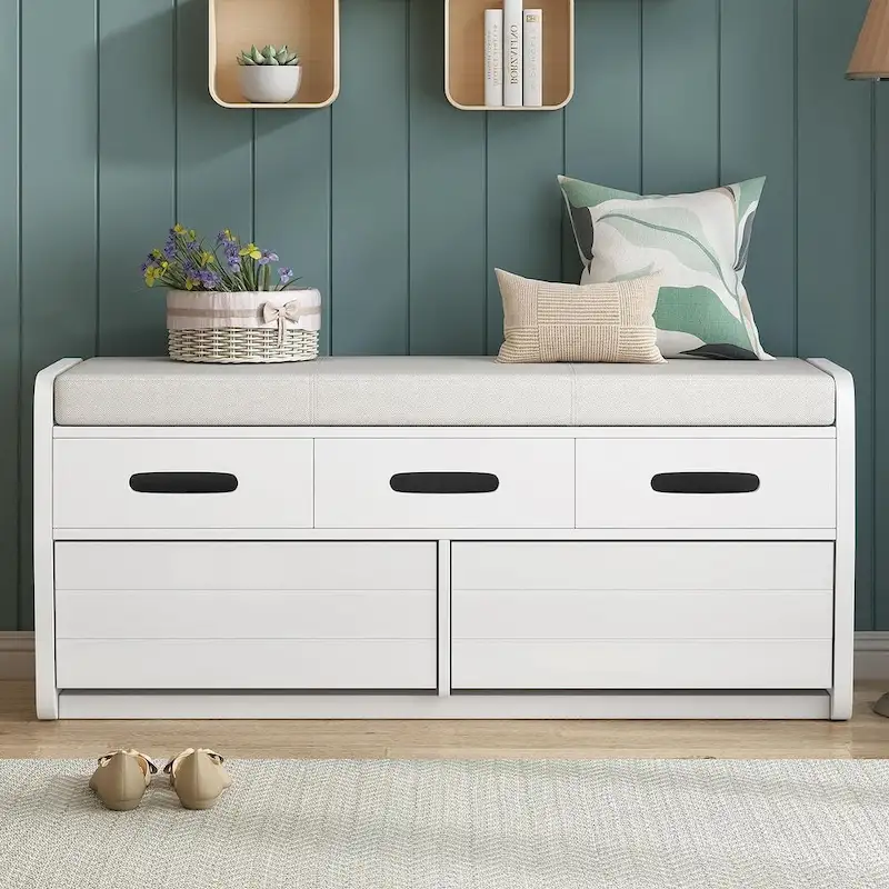 White/Navy/Espresso/Natural Wood Rustic Storage Bench with Drawers – Seats 1–2