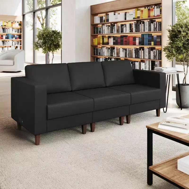 Upholstered Reception Sofa with 4 AC Outlets/2 USB/2 USB-C Ports and Wood Walnut Legs with Adjustable Floor Glides
