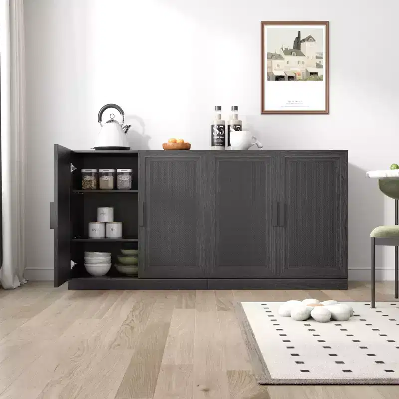 31 Modular Sideboard Cabinet with Storage Modern Farmhouse Buffet Cabinet with Rattan Doors for Living Room Kitchen Dining Room Entryway Black