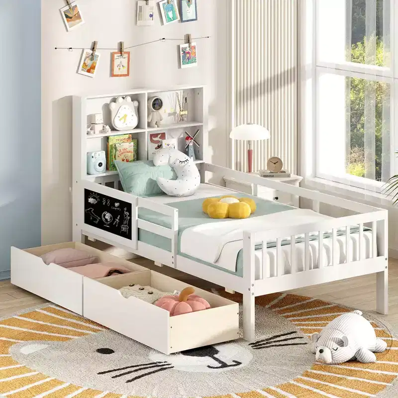 Twin/Full Size Bed Frame with 2 Drawers Bookcase & Blackboard Full-length Guardrails