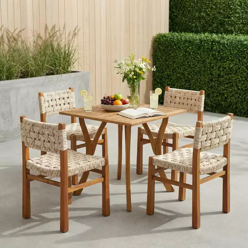 Christopher Knight Home Ginni Farmhouse 5 Piece Acacia Wood Dining Set with Slatted Design and Wicker Weave