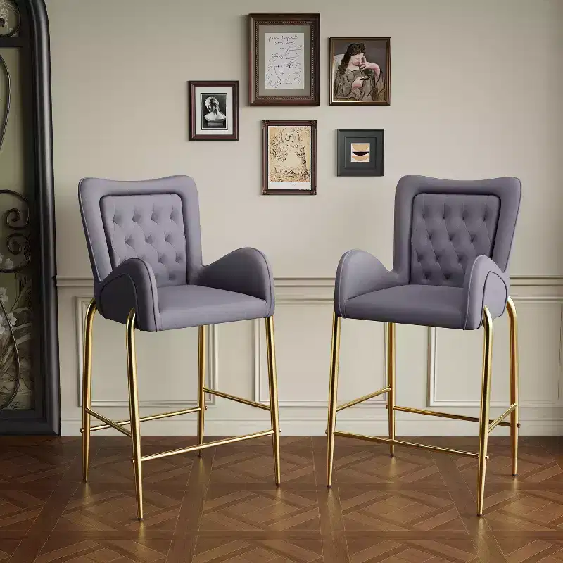 TUYOHW 28H Luxury Velvet Counter Stools Set of 2,Sleek Bar Stools with Golden Legs & Footrest,Tall Armchair for Kitchen Island,265lbs Capacity