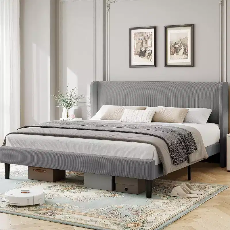 Bed Frame with Upholstered Headboard, Wooden Platform Design with 2 Storage Pockets, Vertical Channel Tufted Wingback, Strong Wooden Slats.