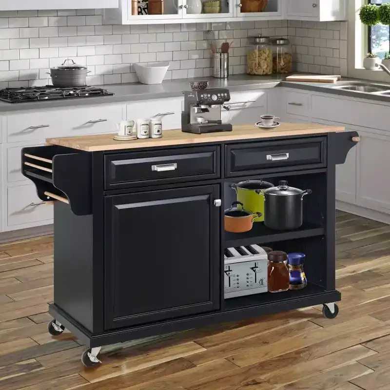 Rolling Kitchen Island, Mobile Kitchen Island with 2 Large Drawers, Towel and Seasoning Rack, 2 Spacious Storage Compartments with Adjustable