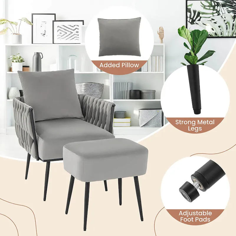 Gymax Modern Dutch Velvet Accent Chair & Ottoman Set Single Leisure