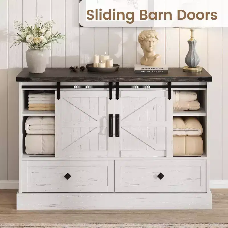 45 Farmhouse Dresser - 4 Drawers & Sliding Barn Doors, TV Stand for Bedroom & Living Room