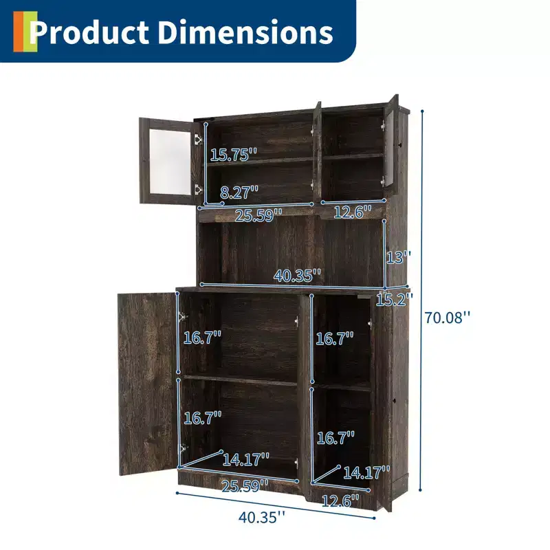 Brown Freestanding Kitchen Pantry Cabinet with Acrylic Doors & Coffee Bar Countertop, 1-Person