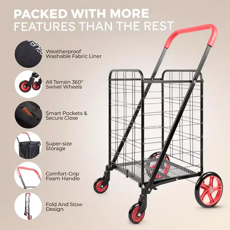 SereneLife Small Foldable Shopping Cart with Removable Cart Liner - 360 Rolling Swivel Wheels, 70 lbs Weight Capacity