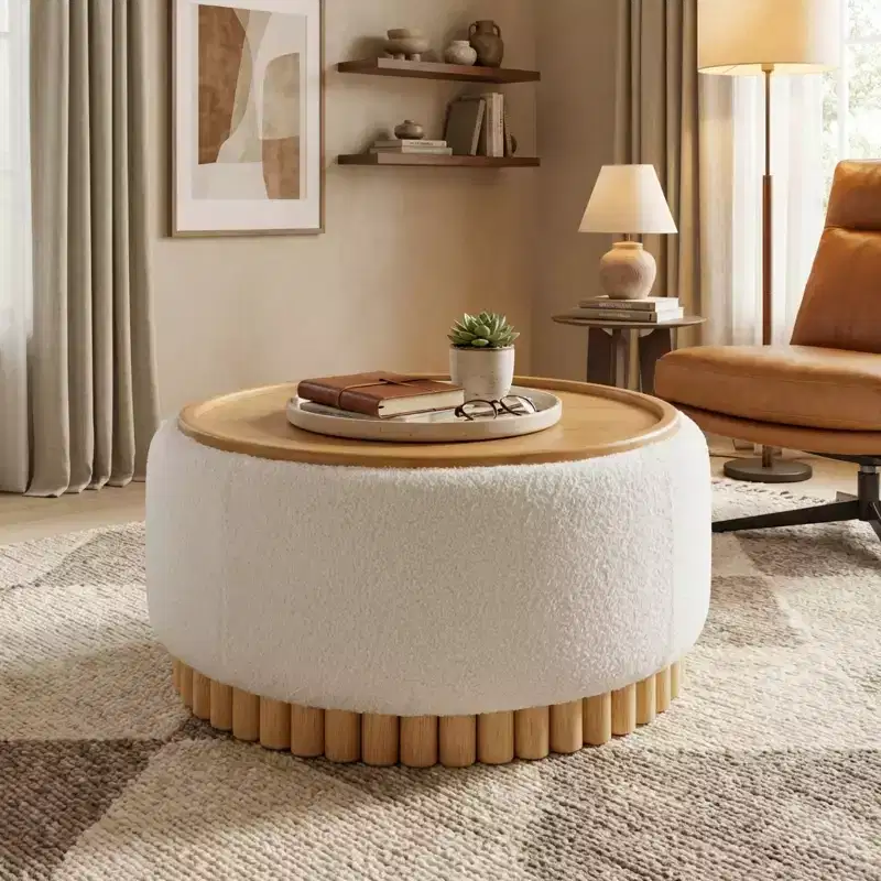 Polibi Round Storage Ottoman with Solid Wood Cylinder Base & Reversible Lid