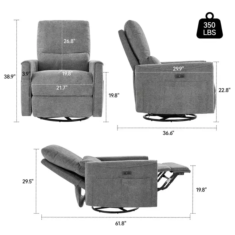 Power Swivel Rocker Recliner Chair, Fabric Glider with Lumbar Support, USB/Type-C Ports, Small Reclining Sofa for Nursery & Living Room