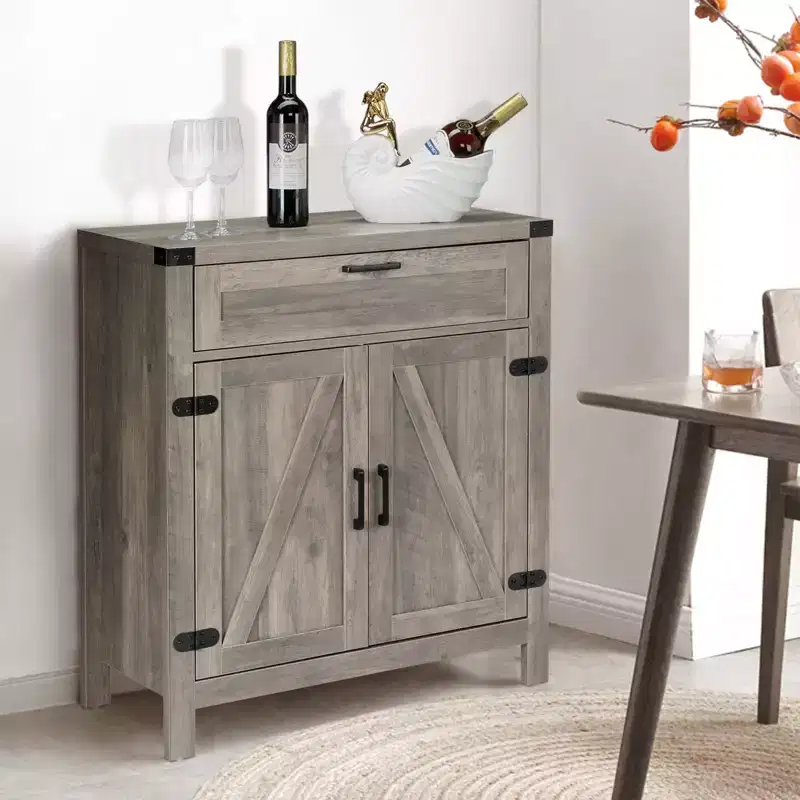 VINGLI Modern Farmhouse Sideboard Buffet Cabinet with Drawer, Storage Cabinet with Doors and Adjustable Shelves, Coffee Bar Station, Ash Grey