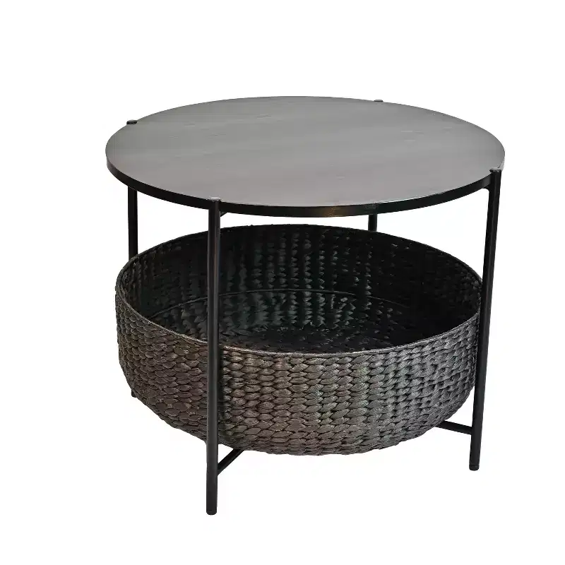 Modern Coastal Round Acacia Wood & Water Hyacinth Coffee Table with Storage Basket